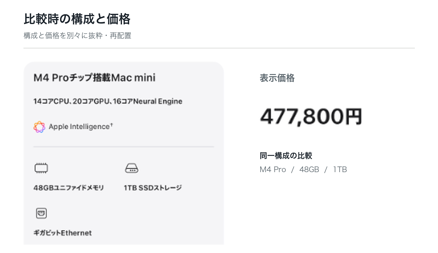 比較時の構成画面と価格の抜粋。M4 Pro、48GBメモリ、1TB SSDで477,800円